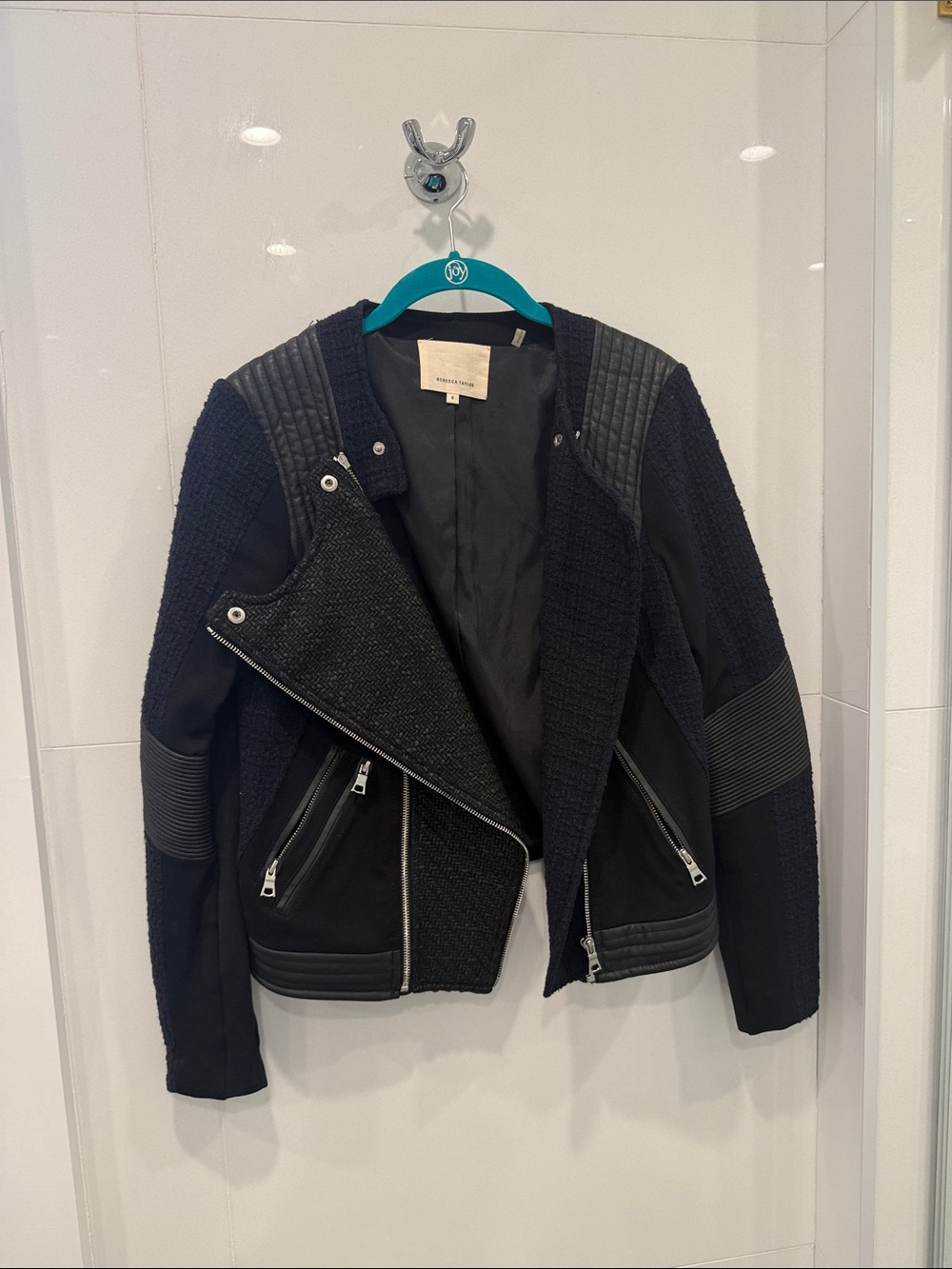 Rebecca Taylor Black & Navy Mixed-Texture Moto Jacket